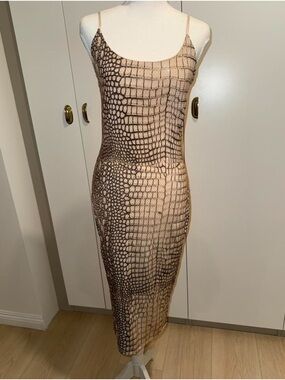 Neutral Croc-Print Slip Midi Dress